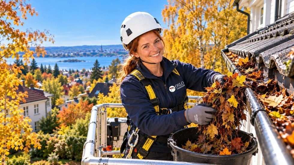 Høstløv fjernes fra takrenna fra lift