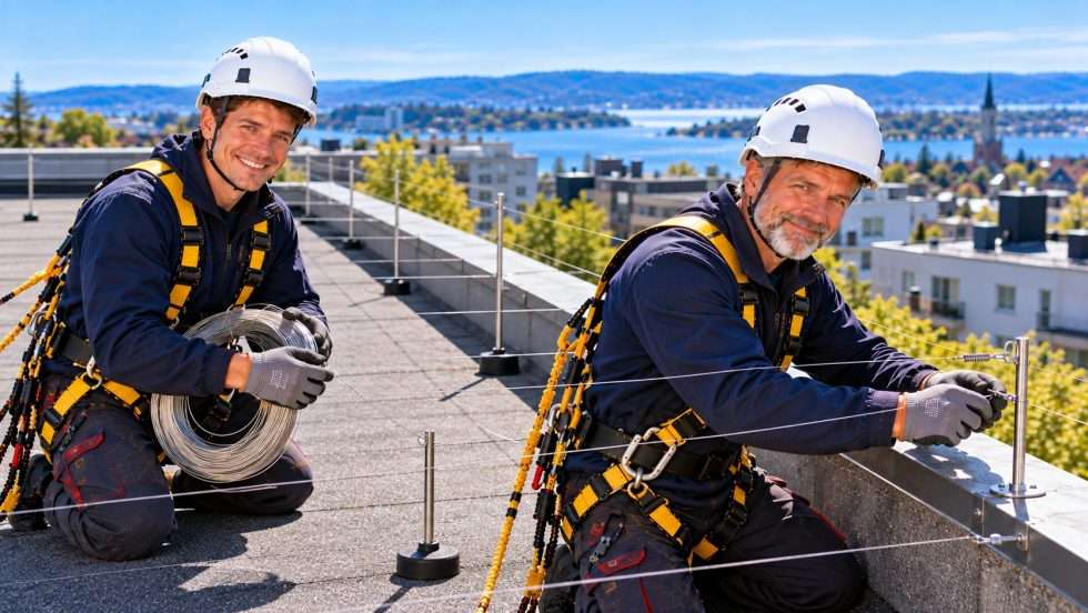 Wire spennes over et flatt tak mot måker