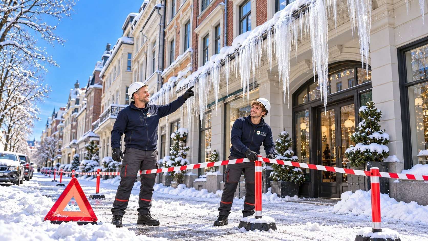To fra Oslo Takrenner sperrer av fortauet under store istapper på en bygård