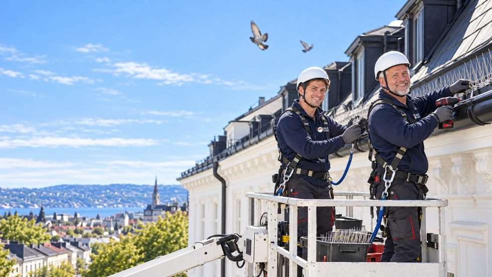 To fra Oslo Takrenner monterer duepigger på takrenna på en bygård fra lift