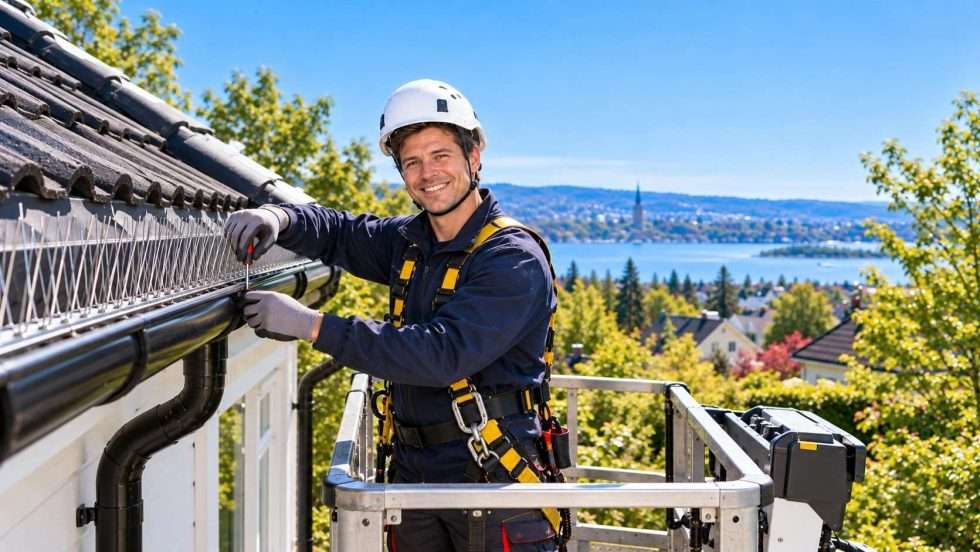 Oslo Takrenner monterer duepigger på takrenne fra lift