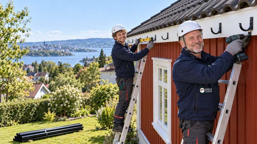 To fra Oslo Takrenner monterer nye takrennekroker på et rødt hus og sjekker fallet med vater