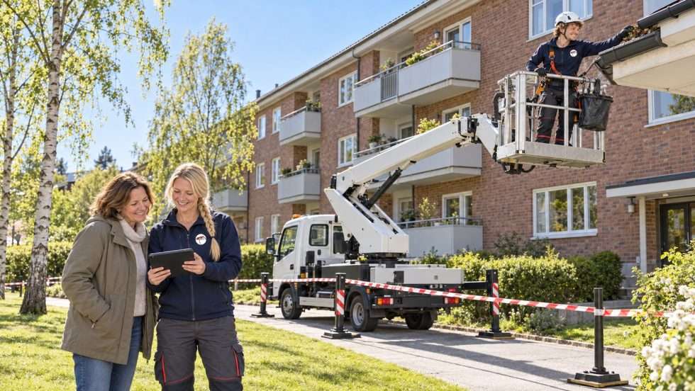 Oslo Takrenner jobber fra lift på takrennene til et borettslag