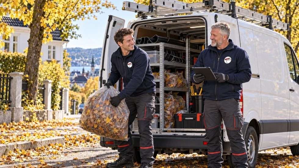 Løv og rusk fra takrennene lastes inn i varebilen, så vi kan levere det til gjenvinning