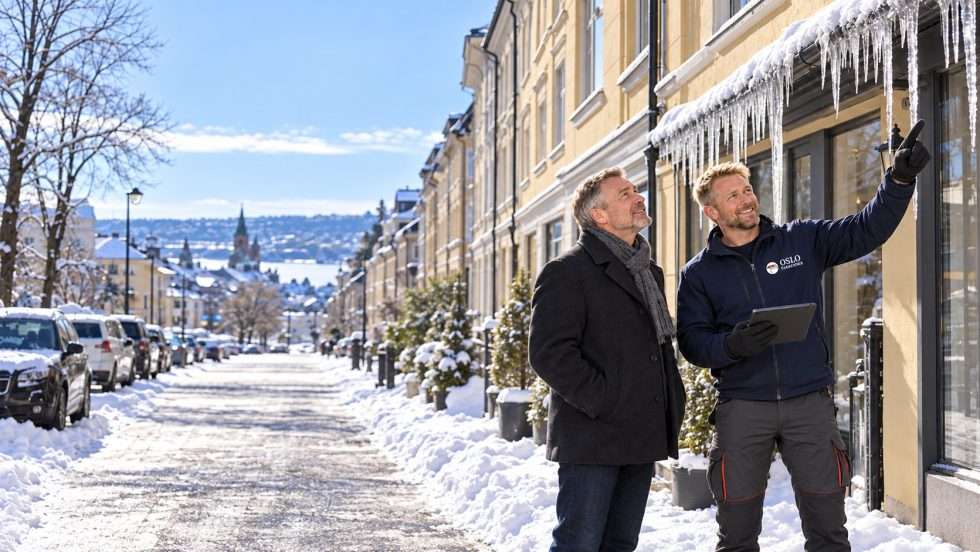 Oslo Takrenner viser gårdeieren istappene som skal fjernes, med pristilbudet på nettbrettet