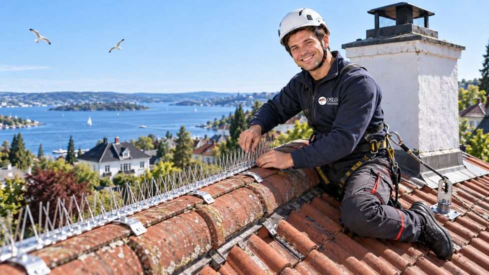 Måkepigger monteres langs takryggen ved pipa