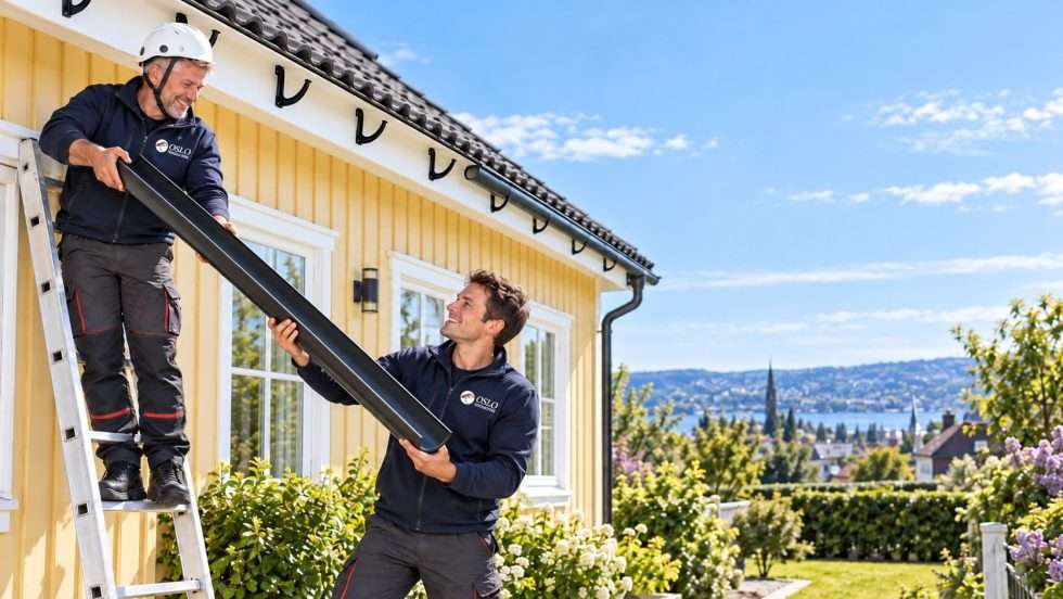 En ny takrennelengde rekkes opp til montøren på stigen