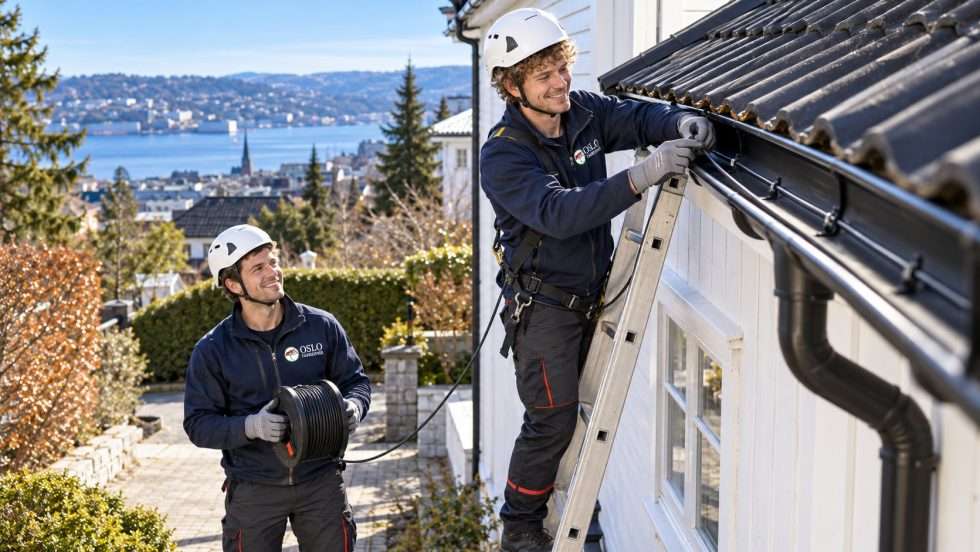 Varmekabel legges i en ny takrenne mens kabelen rulles ut fra bakken