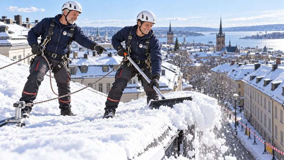Snø og skavler ryddes fra taket på en bygård, med sele og sikring til takanker