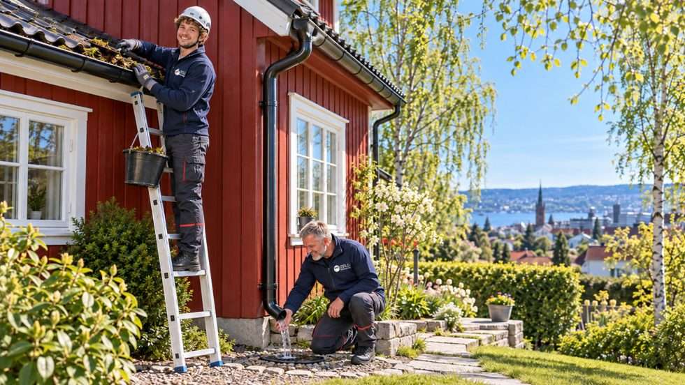 Takrenna renses for løv mens nedløpet sjekkes fra bakken
