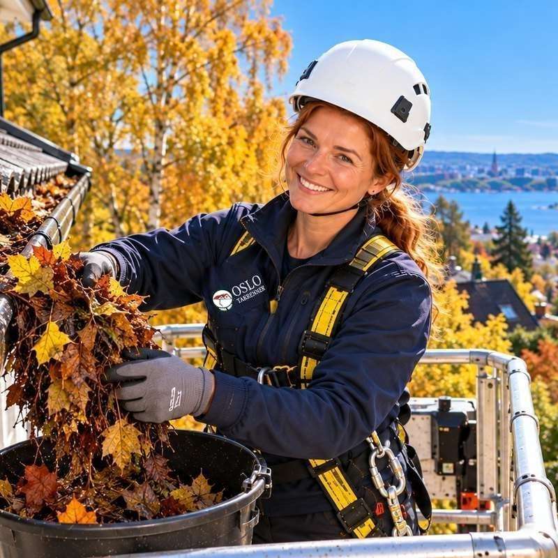 Smiling gutter cleaner removing leaves from the gutter
