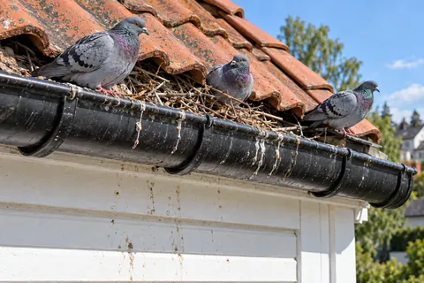 Pigeons on the gutter and a nest under the lowest roof tile
