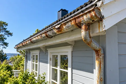 Old, rusty gutters and downpipe on a grey wooden house