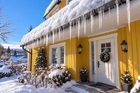 Icicles along the gutter above the front door of a yellow house in winter